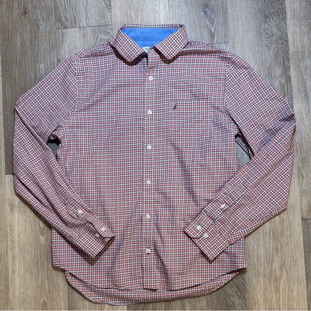 Nautica Red and Blue Plaid Long-Sleeve Button-Down Shirt